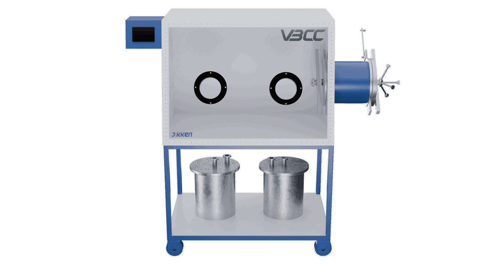 Spacious glove box (1200 x 900 x 800 mm) for air-sensitive samples, featuring polycarbonate glass and a cylindrical antechamber