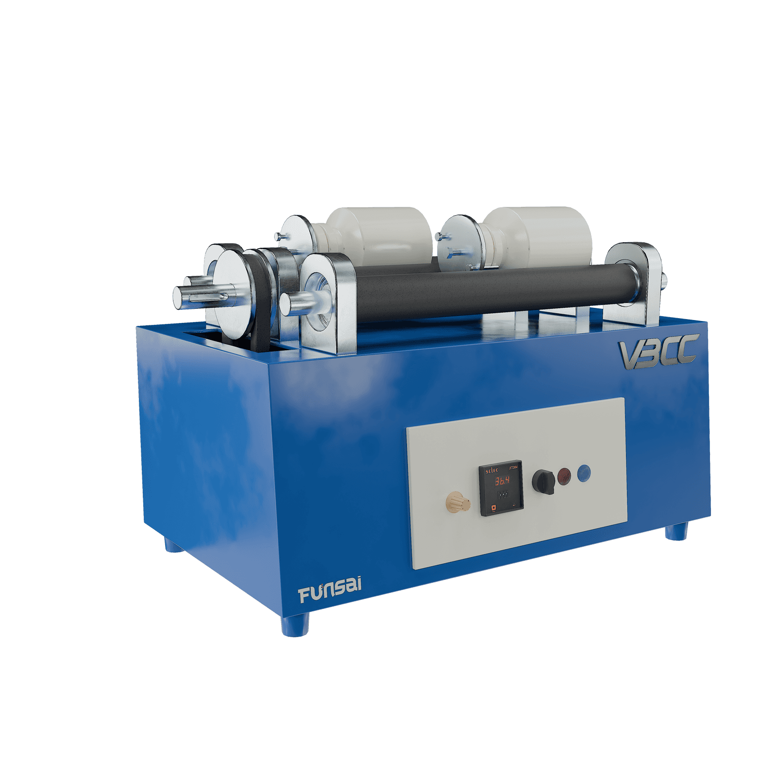 Image of VBCC's Table Top Jar Mill with multiple jars on a horizontal platform, rotating to grind materials effectively